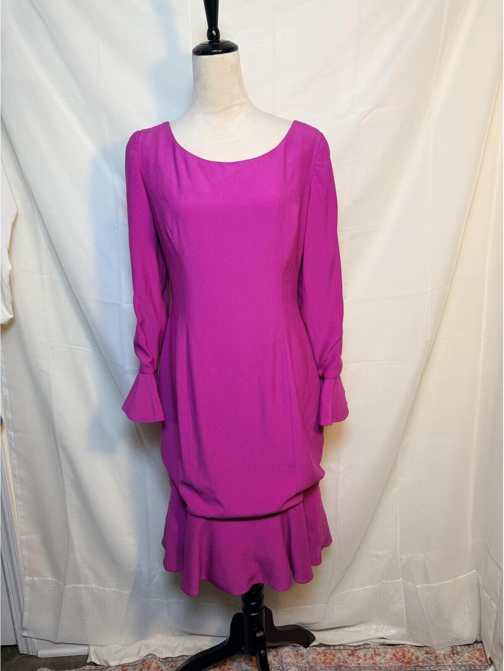 Vintage Oscar de la Renta Studio Fuchsia Pink Dress Size 10 Ruffle Hem 90s